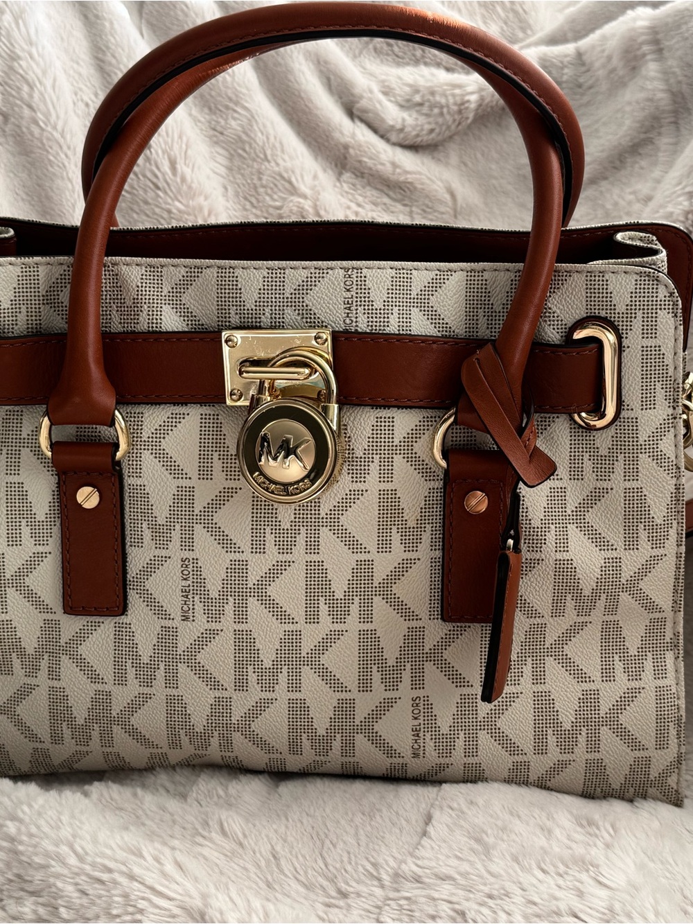 Michael Kors Beige Signature MK Satchel with Brown Trim and Gold Hardware